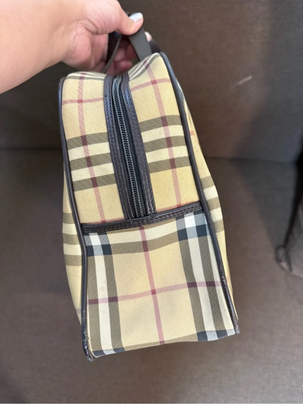 Burberry Beige Plaid Travel Bag with Dark Brown Handles